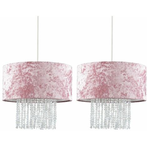 2 x Pink Velvet Ceiling Pendant Light Shades With Clear Acrylic Droplets