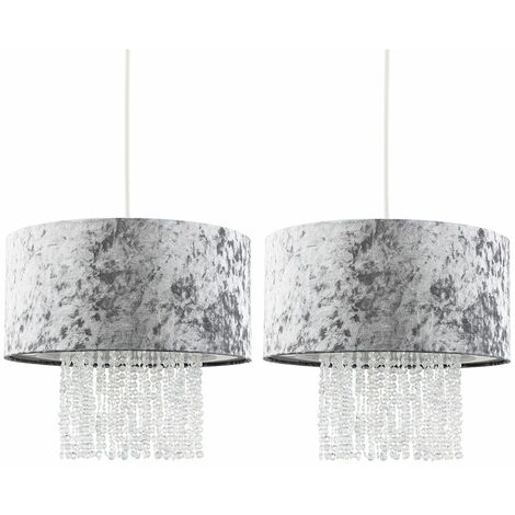 2 x Silver Grey Velvet Ceiling Pendant Light Shades With Clear Acrylic Droplets + 10W LED Bulbs Warm White