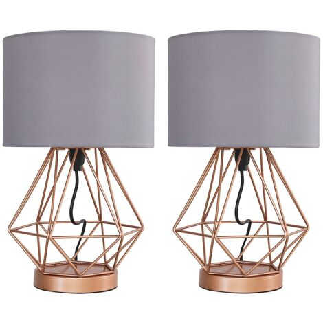 2 x Copper Touch Table Lamps + Grey Shade - Add LED Bulbs