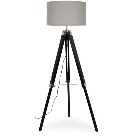Modern Black Wood and Silver Chrome Tripod Floor Lamp with a Grey Cylinder Light Shade 
