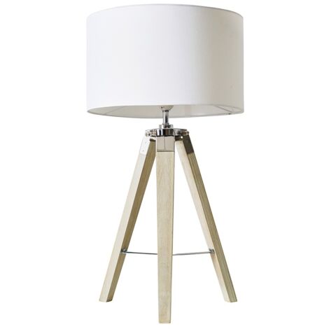Chrome & Wood Tripod Table Lamp With Large Drum Shade - White - Including LED Bulb