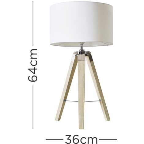 Chrome & Wood Tripod Table Lamp With Large Drum Shade - White - Including LED Bulb