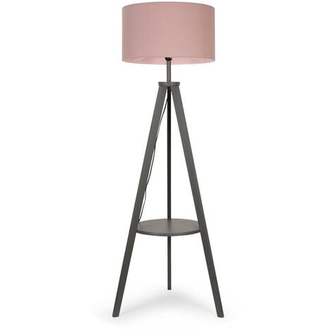 Morrigan Tripod Shelf Floor Lamp in Grey with Large Reni Shade - Pink - No Bulb