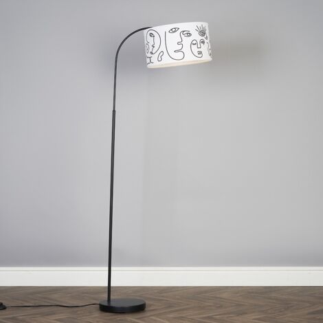 Designer Style Black Curved Stem Floor Lamp With White Artistic Portrait Design Shade