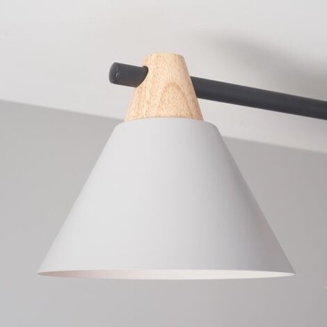 Giza Scandi 3 Way Matt Black and Wood Ceiling Light Fitting with Grey Cone Shades