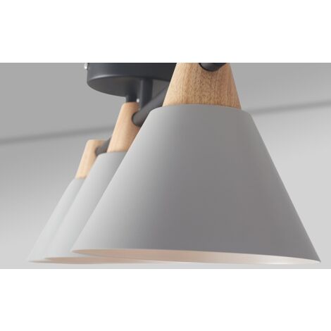 Giza Scandi 3 Way Matt Black and Wood Ceiling Light Fitting with Grey Cone Shades