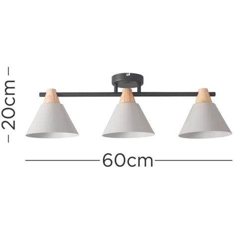 Giza Scandi 3 Way Matt Black and Wood Ceiling Light Fitting with Grey Cone Shades