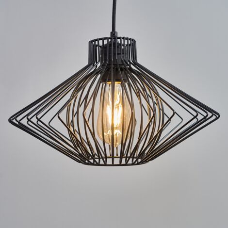 Retro Matt Black Ceiling Pendant Light Fitting With Black Geometric Wire Shade