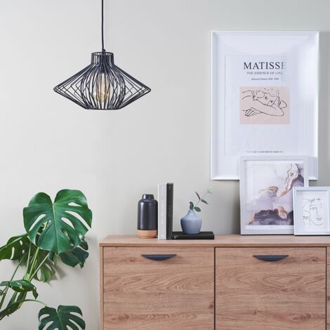 Retro Matt Black Ceiling Pendant Light Fitting With Black Geometric Wire Shade
