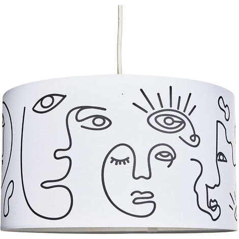 Large White Artistic Portrait Design Cylinder Ceiling Pendant/Table Lamp Drum Light Shade - Complete with a 10w LED Bulb 3000K Warm White