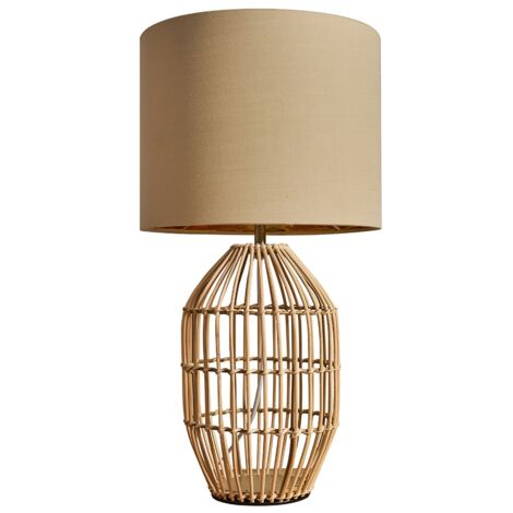 Hollins Contemporary Natural Rattan Cylinder Table Lamp with Beige Gold Cylinder Shade