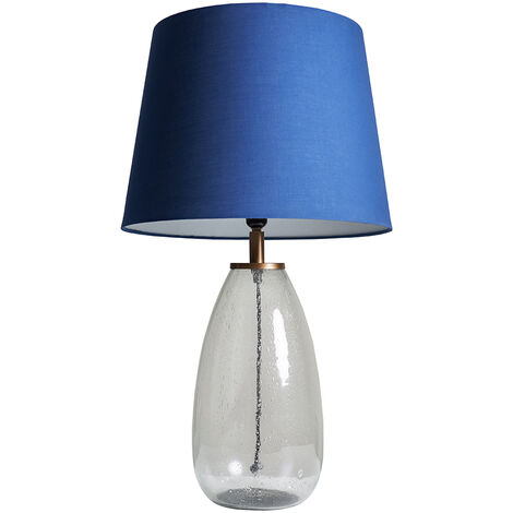 Wooden Seeded Glass Table Lamp With, Navy Blue Table Light Shade