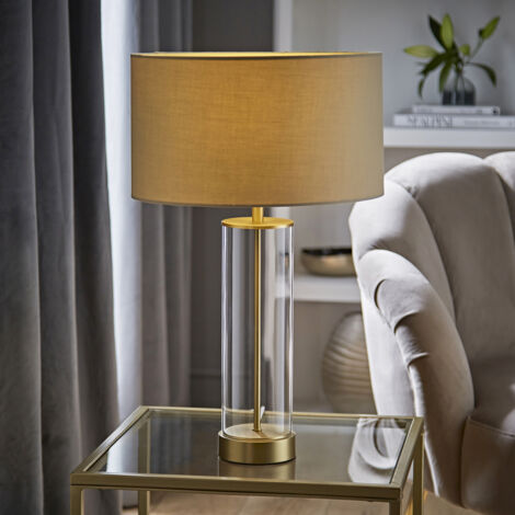 Matt Gold & Clear Tube Table Lamp With Large Lampshade  - Beige