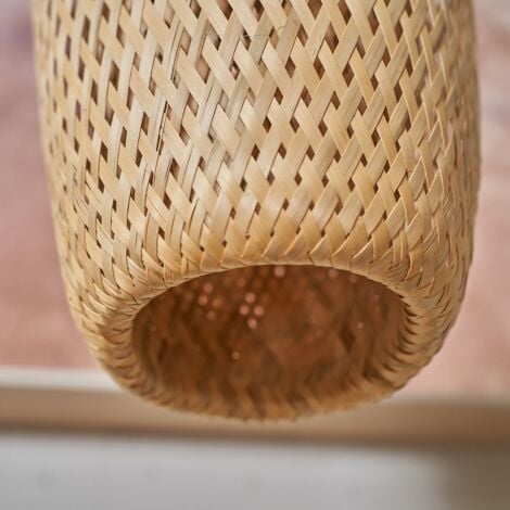 Malay Modern Easy Fit Natural Bamboo Lattice Design Oblong Ceiling Pendant Light Shade - with LED GLS Bulb