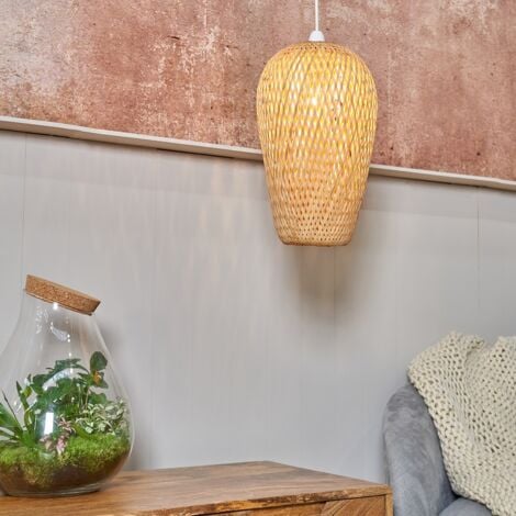 Malay Modern Easy Fit Natural Bamboo Lattice Design Oblong Ceiling Pendant Light Shade - with LED GLS Bulb