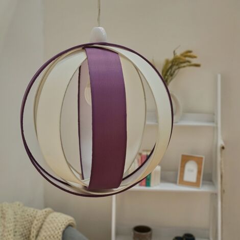 J90 Ceiling Pendant Light Shade Round Fabric Lampshade - Purple & Cream - Including LED Bulb