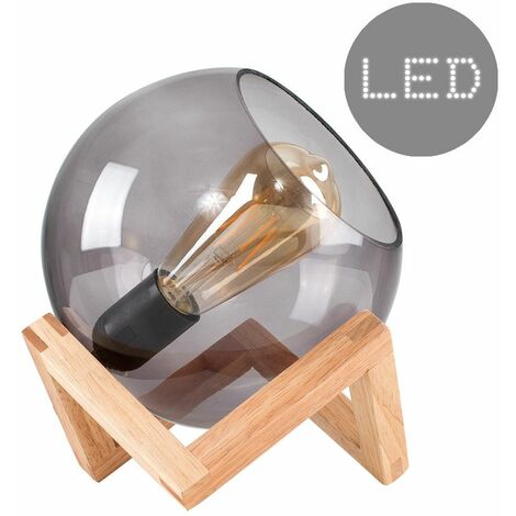 Smoked Glass Globe Bedside Table Lamp On A Wooden Frame Base + 4W LED Filament GLS Bulb - Warm White
