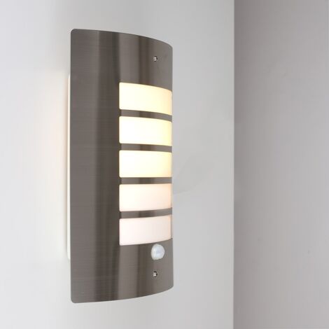 Stainless Steel & Frosted Curved IP44 Rated PIR Motion Sensor Outdoor Garden Wall Mounted Security Light - 10W LED GLS Bulb - Warm White