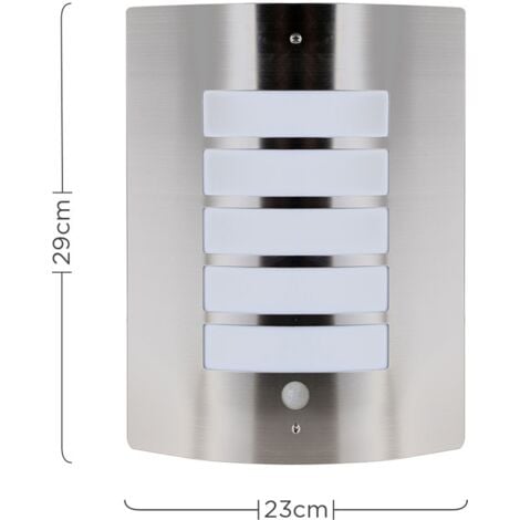 Stainless Steel & Frosted Curved IP44 Rated PIR Motion Sensor Outdoor Garden Wall Mounted Security Light - 10W LED GLS Bulb - Warm White
