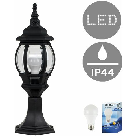 Black Outdoor Garden Lantern Lamp Post Light IP44 + 6W LED Es E27 Bulb