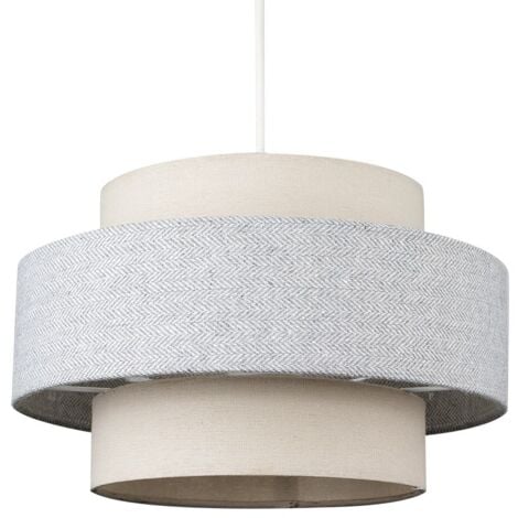 Weaver Modern Cylinder Ceiling Pendant Light Shade In Cream and Grey Herringbone Finish