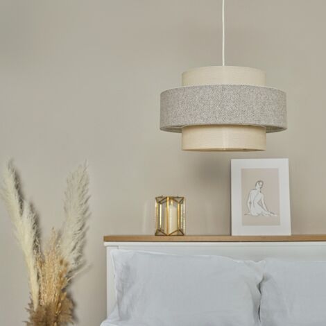 Weaver Modern Cylinder Ceiling Pendant Light Shade In Cream and Grey Herringbone Finish