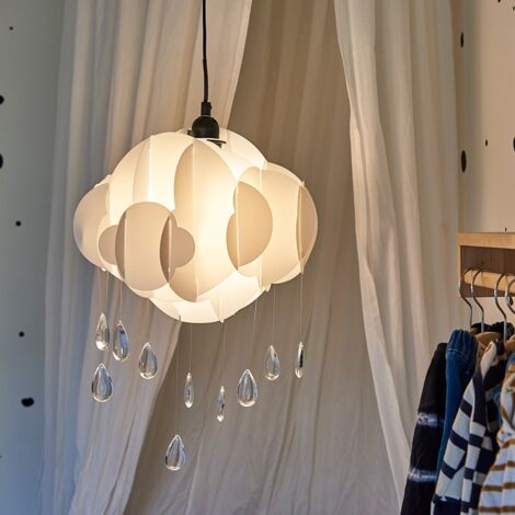 Children's White Rain Cloud Ceiling Pendant Light Shade With Acrylic Jewel Raindrop Droplets