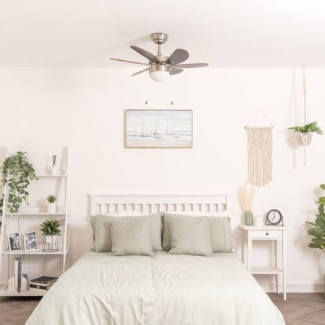 Silver Chrome And Wood 30" Modern 6 Blade Ceiling Fan With Flush Light
