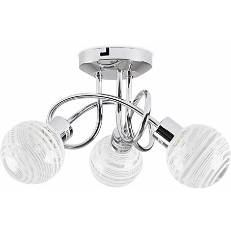 3 Way Chrome Flush Arm Ceiling Light With Clear Frosted Glass Ring Globe Shades No Bulb - 5 Arm Chrome Swirl Ceiling Light With Frosted Glass Shades