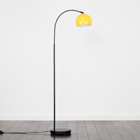 Designer Style Black Curved Stem Floor Lamp With Gloss Yellow Metal Dome Light Shade