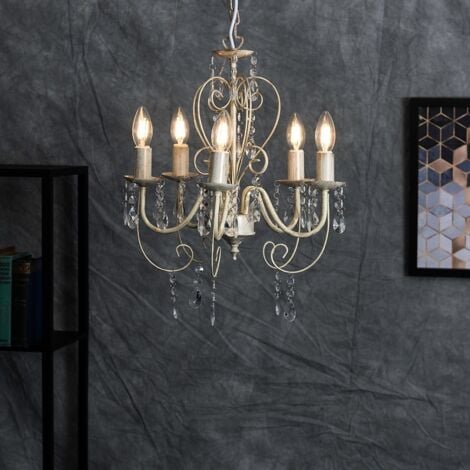 Lille Cream Ornate Vintage Style Shabby Chic 5 Way Ceiling Light Chandelier with Acrylic Jewels