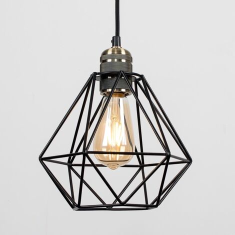 Casco Antique Brass Ceiling Rose and Flex Lampholder Fitting with Black Cage Shade
