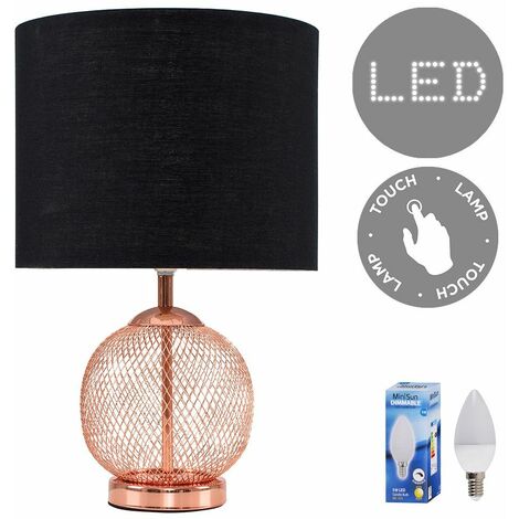 Copper Mesh Ball Touch Dimmer Table Lamp With Small Drum Light Shade & 5W Candle LED Bulb - Black