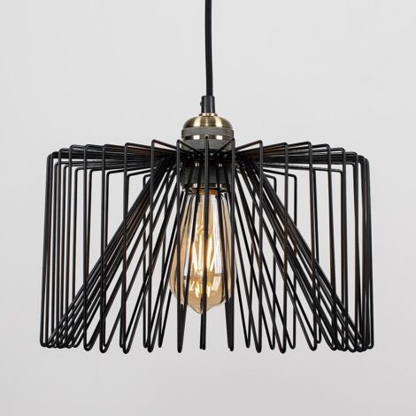 Casco Antique Brass Pendant Ceiling Light Fitting with Black Wire Drum Shade