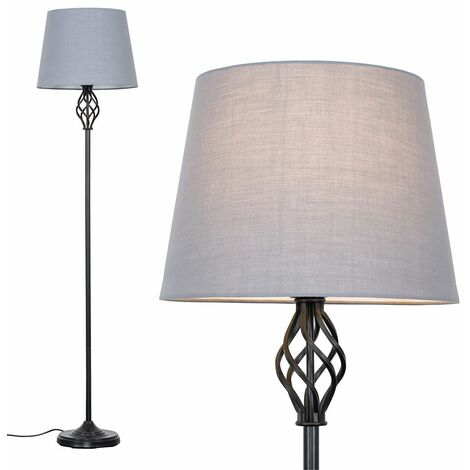 Barley Twist Floor Lamp in Black with Tapered Shade - Grey