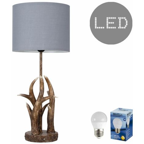 Caribou Antler Table Lamp In A Natural Finish + Small Drum Shade & 4W Filament LED Bulb - Grey