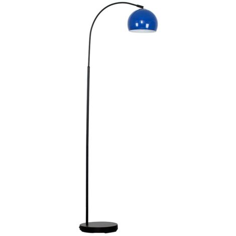 Designer Style Black Stem Floor Lamp With Navy Blue Arco Style Metal Dome Light Shade With LED GLS Bulb in Warm White
