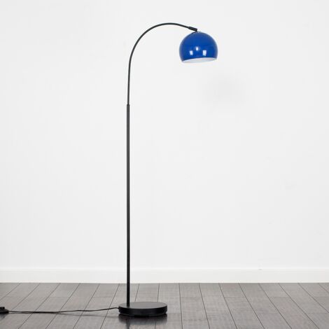 Designer Style Black Stem Floor Lamp With Navy Blue Arco Style Metal Dome Light Shade With LED GLS Bulb in Warm White