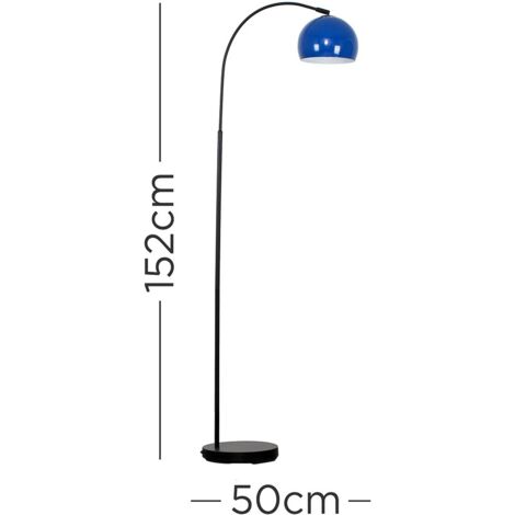 Designer Style Black Stem Floor Lamp With Navy Blue Arco Style Metal Dome Light Shade With LED GLS Bulb in Warm White