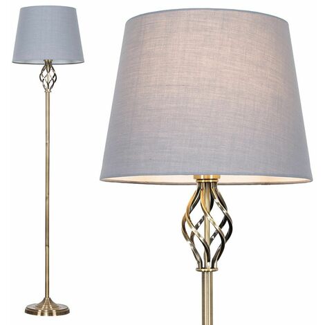 Barley Twist Floor Lamp in Antique Brass with Tapered Shade - Grey