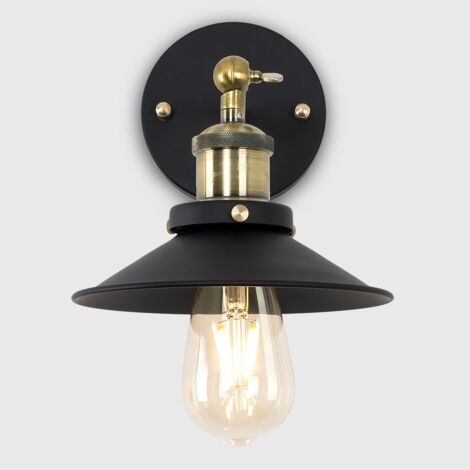 Colonial Pair of Industrial Style Black and Antique Brass Wall Lights