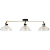 3 Way Black & Gold Ceiling Light with Wide Clear Glass Light Shades - No Bulb
