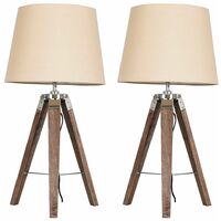 2 x Wood & Chrome Tripod Table Lamps With White Light Shades & 6W GLS LED Bulbs - Beige