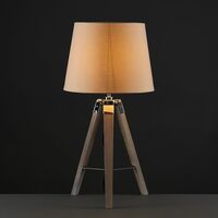 2 x Wood & Chrome Tripod Table Lamps With White Light Shades & 6W GLS LED Bulbs - Beige