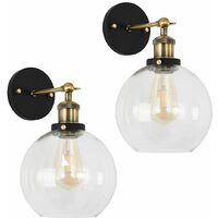 2 x Industrial Black & Gold Wall Light Fittings with Clear Glass Globe Shade - No Bulbs