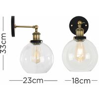 2 x Industrial Black & Gold Wall Light Fittings with Clear Glass Globe Shade - No Bulbs