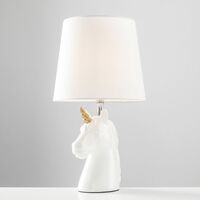 2 x White & Gold Ceramic Unicorn Table Lamps White Light Shade - Add LED Bulbs