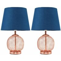 2 x Copper Touch Table Lamps With Navy Blue Light Shades + 5W Dimmable LED Candle Bulbs Warm White