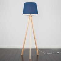 Barbro Tripod Floor Lamp in Light Wood with Large Aspen Shade - Navy Blue