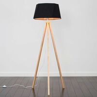 Light Wood Tripod Floor Lamp + Matt Black/Copper Geometric Shade - No Bulb